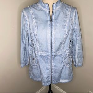 Chico's blue garment dyed 3/4 sleeve lace up detail jacket size 1 Medium 8